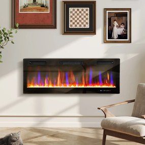HOMCOM Șemineu Electric de Perete și Încorporabil 3 în 1 cu Design Ultra-Subțire de 9,4 cm, 12 Culori de Flacără 3D și Cristale, 900/1800W, cu Telecomandă, Touchscreen, Timer și Termostat | Aosom Romania