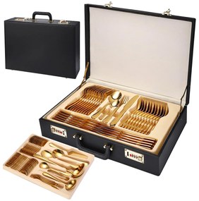 Set tacamuri din inox, 72 piese cu diplomat, TRENDY’S, gold