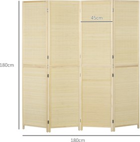 HOMCOM Paravan Interior Pliabil cu 4 Uși, Separator de Cameră din Ratan Bambus, 180x1,6x180 cm, Culoarea Lemnului | Aosom Romania