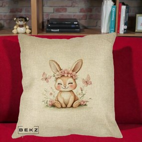 Perna Decorativa Iepuras cu Coronita Florala Roz, 40x40 cm, Crem, Husa Detasabila, Perna Inclusa, BEKZ®