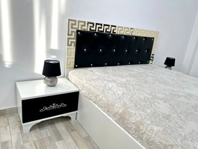 Set pat tapitat Palermo, culoare alb / negru, cu 2 noptiere Viena si saltea superortopedica lux 160 x 200 cm