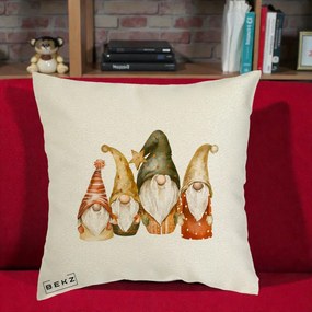 Perna Decorativa Gnomi de Craciun Patru, 40x40 cm, Ecru, Husa Detasabila, Perna Inclusa, BEKZ®