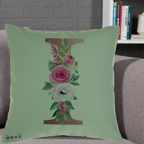 Cadou Personalizat - Perna Personalizata Monograma Rose Gold Litera I, 40x40 cm, Verde, Husa Detasabila, Perna Inclusa, BEKZ®