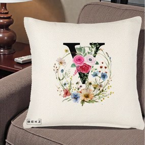 Cadou Personalizat - Perna Personalizata Monograma Florala Litera V cu Coroana, 40x40 cm, Crem Reliefat, Husa Detasabila, Perna Inclusa, BEKZ®