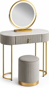 Set SARAH, Masă de toaletă pentru machiaj cu oglindă iluminată LED, control touch, sertar, taburet, 80x40x76 cm, Gri/Auriu