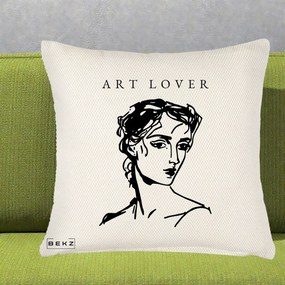 Perna Decorativa Art Lover Portret Grafic, 40x40 cm, Crem Reliefat, Husa Detasabila, Perna Inclusa, BEKZ®