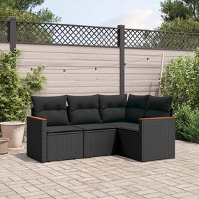vidaXL Set mobilier de grădină cu perne, 4 piese, negru, poliratan
