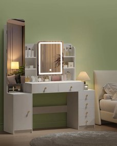 Masuta machiaj cu Oglinda LED si 6 Sertare pentru Cosmetice, Set Masa toaleta 140 cm, Alb, masuta cosmetica, vanity - SEA7