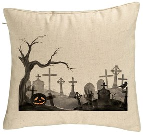 Perna Decorativa cu motiv Cimitir de Halloween, 40x40 cm, Bej, Husa Detasabila, Burduf