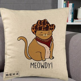 Perna Decorativa Pisica Cowboy Meowdy, 40x40 cm, Bej, Husa Detasabila, Perna Inclusa, BEKZ®