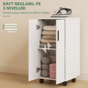 HOMCOM Mobilier pentru Masa de Călcat Pliabil cu Roți, Raft Reglabil și Închidere Soft Close, din Lemn și Material Textil, 128x43x83 cm, Alb | Aosom Romania