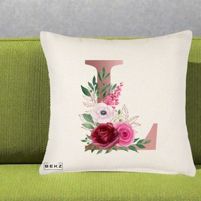 Cadou Personalizat - Perna Personalizata Monograma Rose Gold Litera L, 40x40 cm, Crem Reliefat, Husa Detasabila, Perna Inclusa, BEKZ®