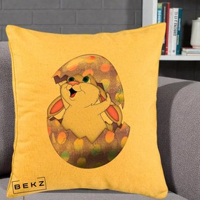 Perna Decorativa Iepuras din Ou de Pasti, 40x40 cm, Galben, Husa Detasabila, Perna Inclusa, BEKZ®