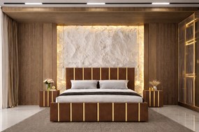 Pat tapitat Hugo 180x200 cm, Maro + Saltea Superortopedica Gold, grosime 20 cm + Set 2 noptiere Hugo, Maro