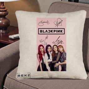 Perna Personalizata K-pop BLACKPINK Semnaturi si Foto, 40x40 cm, Bej Canapea, Husa Detasabila, Perna Inclusa, BEKZ®
