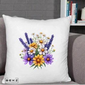 Perna Decorativa Lavanda Musetel si Flori Mov, 40x40 cm, Alb Pufos, Husa Detasabila, Perna Inclusa, BEKZ®