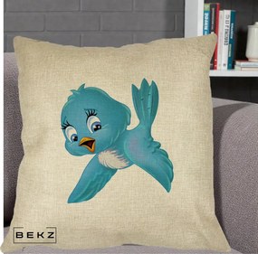 Perna Decorativa Pui de Pasare Albastru, 40x40 cm, Crem, Husa Detasabila, Perna Inclusa, BEKZ®