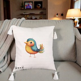 Perna Decorativa Pasare Folk Art Portocalie-Teal, 40x40 cm, Bej cu Franjuri, Husa Detasabila, Perna Inclusa, BEKZ®