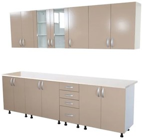 Bucatarie Zebra 260 cm din PAL Cappuccino cu blat termoizolant alb/gri