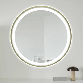 Oglindă LED Rotundă (Diametru 70 cm), 3 Moduri Iluminare (Lumină Rece, Naturală, Caldă), Intensitate Reglabilă, Funcție Dezaburire, Ramă Aluminiu, Control Tactil (Touch)