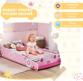 AIYAPLAY Pat pentru Copii de 3-5 Ani în Formă de Mașină cu Margini Ridicate de Siguranță, 140x70 cm, Roz | Aosom Romania