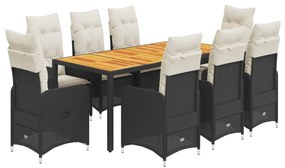 3276983 vidaXL Set bistro de grădină, 9 piese, cu perne, negru, poliratan