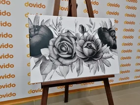 Tablou combinație fermecătoare de flori și frunze în design alb-negru