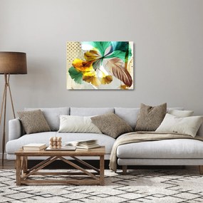 Tablou pe sticlă - Frunze cu pană (70x50 cm)