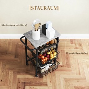 HOMCOM Cărucior de bucătărie cu 3 coșuri și mâner, din oțel și lemn, 49,5x31x69 cm, negru și gri deschis | Aosom Romania