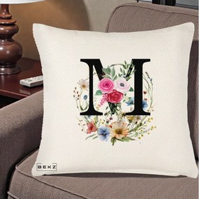 Cadou Personalizat - Perna Personalizata Monogram Litera M cu Flori Acuarela, 40x40 cm, Crem Reliefat, Husa Detasabila, Perna Inclusa, BEKZ®