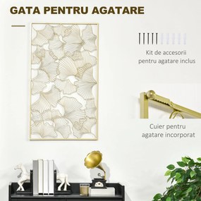 HOMCOM Decor de perete metalic 3D, decoratiune de perete aurie cu cadru dreptunghiular si frunze de ginkgo, 50 x 85 cm | AOSOM RO