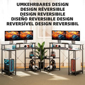 HOMCOM Birou Reversibil pentru Calculator cu Prize, Lumini LED, Suport Dublu și Rafturi Reglabile, 120x50x89,5 cm, Negru | Aosom Romania