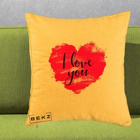 Cadou Romantic - Perna Personalizata I Love You Inima Roz, 40x40 cm, Galben, Husa Detasabila, Perna Inclusa, BEKZ®