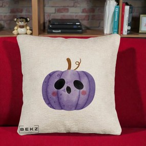 Perna Decorativa Dovleac Halloween Mov Kawaii, 40x40 cm, Bej Canapea, Husa Detasabila, Perna Inclusa, BEKZ®