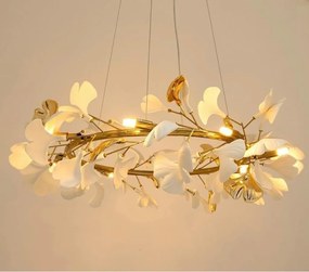 Lustra Suspendata, Metal Auriu, Petale Flori Albe Ceramice, FLORA 80