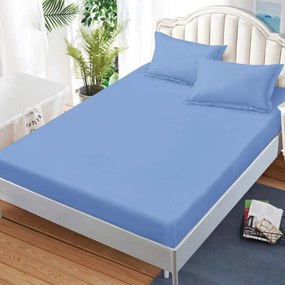 Husa de pat cu elastic si 2 fete de perna, tesatura tip finet, uni, pat 2 persoane, bleu, HBFJ-139