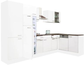 Dulap de bucătărie de colț Yorki 340 cu corp alb, față alb satinat, dulap cu rafturi și frigider cu congelator superior