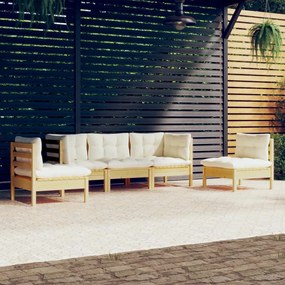 Set mobilier gradina cu perne crem, 5 piese, lemn masiv de pin