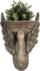 Jardinieră decorativă cu motiv lebădă, din ceramica, maro, stil baroc, 30x15x43 cm