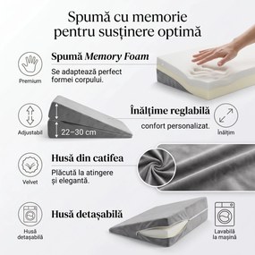 Perna sprijin inclinata reglabila 22-30 cm, memory foam, husa catifea lavabila, Gri