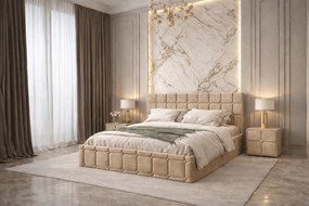 Pat tapitat Royal 180x200 cm, Bej + Saltea Superortopedica Gold, grosime 20 cm + Set 2 noptiere Royal, Bej