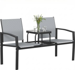 Outsunny Bancă de grădină pentru 2 persoane cu spătar și brațere, masă din sticlă în 2 niveluri, rezistă la 240 kg 135 x 67 x 81 cm Gri | Aosom Romania