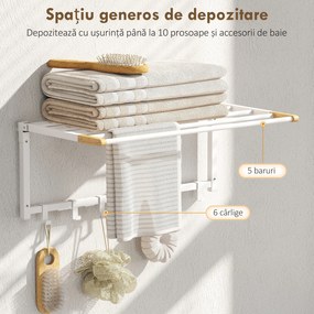 HOMCOM Suport de Prosoape de Perete Pliabil cu 5 Bare și 6 Cârlige din Lemn și Oțel | Aosom Romania