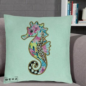 Perna Decorativa Calut de Mare Glitter Tropical, 40x40 cm, Verde Menta, Husa Detasabila, Perna Inclusa, BEKZ®