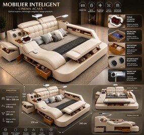 MOBLUX03 Luxury 180x200 cm Beige Right Chaise – Pat Inteligent Premium cu Proiector, Vibromasaj, Boxe Bluetooth, Încărcare Wireless și Spații Multiple de Depozitare
