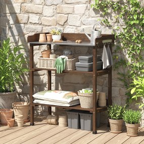 Outsunny Masă de grădină din lemn cu suprafață metalică, rafturi și cârlige pentru grădină, terasă 76x37x89 cm Carbonizat | Aosom Romania