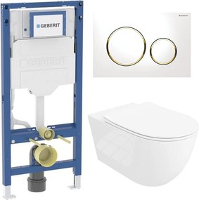 Rezervor WC cu cadru incastrat Geberit Duofix UP320 cu sistem de fixare, clapeta de actionare Sigma20 alb-auriu plus vas WC Rune Ivaldi Grande alb cu capac softclose