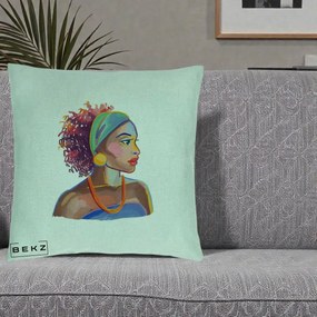 Perna Decorativa Portret Femeie Urbana Acuarela, 40x40 cm, Verde Menta, Husa Detasabila, Perna Inclusa, BEKZ®