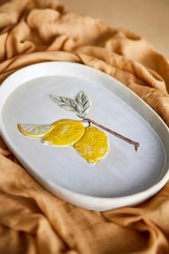 Platou oval din ceramică natur cu lămâi sculptate în relief, 36×25×3 cm, "Hadden"