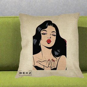 Perna Decorativa Femeie Pop-Art Kiss, 40x40 cm, Crem, Husa Detasabila, Perna Inclusa, BEKZ®